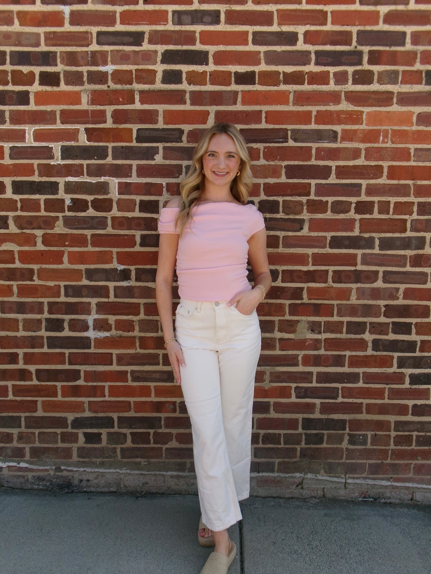 Rosé Off-Shoulder Ribbed Top