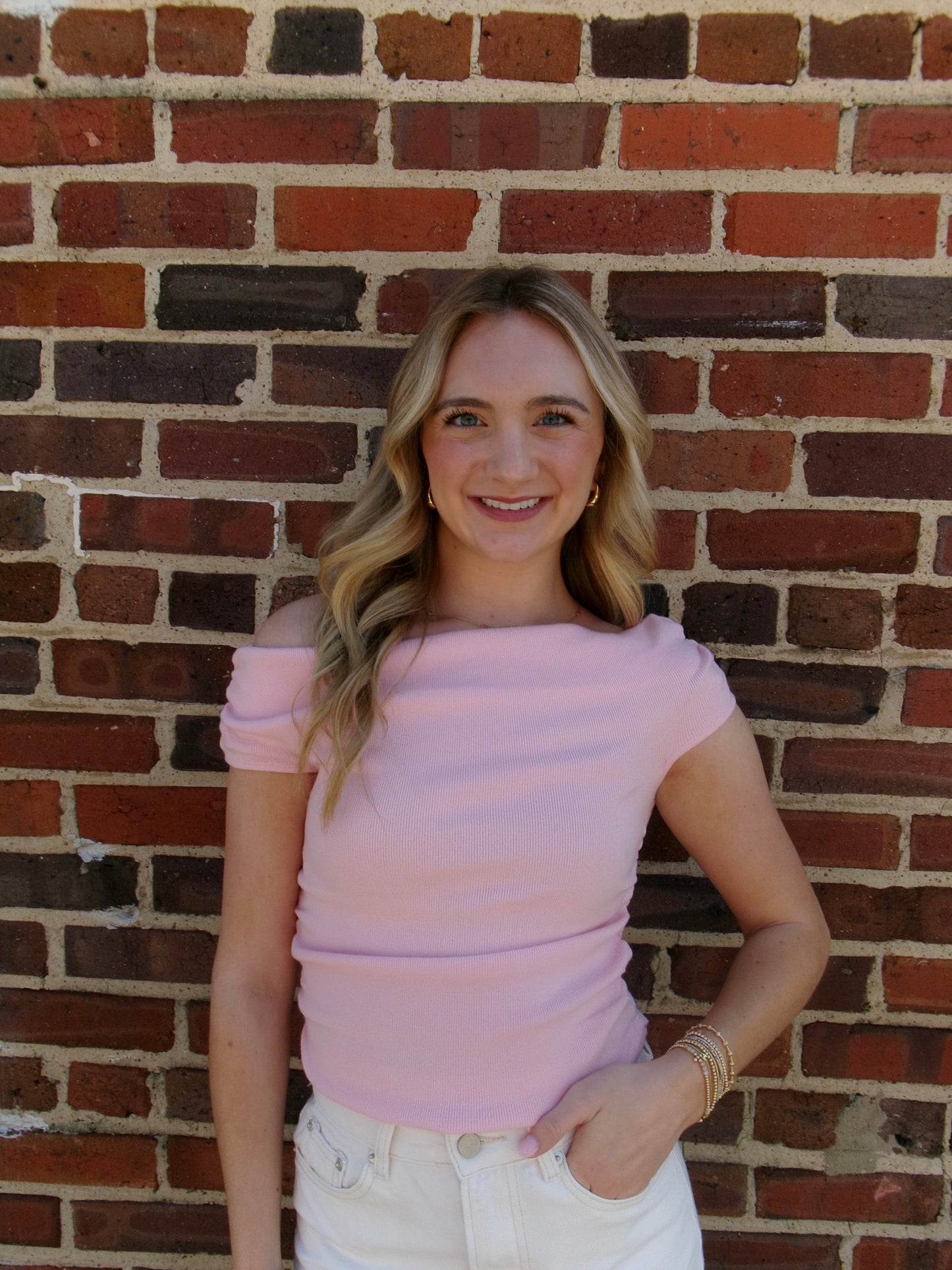 Rosé Off-Shoulder Ribbed Top